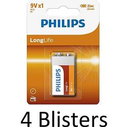 Foto van 4 stuks (4 blisters a 1 st) philips longlife 9v batterijen