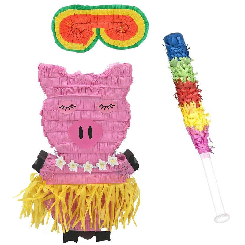 Foto van Verjaardag pinata varken van 42 x 26 cm - set met stok en masker - pinatas