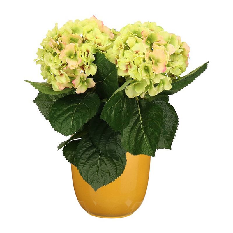 Foto van Hortensia kunstplant/kunstbloemen 36 cm - groen/roze - in pot okergeel glans - kunstplanten