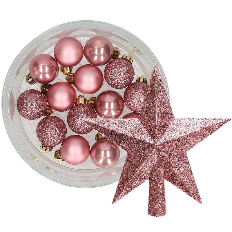 Foto van Decoris 14x stuks kerstballen 3 cm met ster piek oudroze kunststof - kerstbal