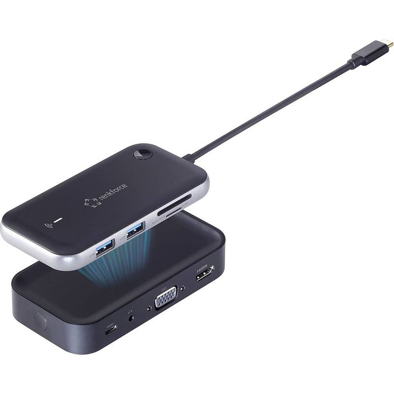 Foto van Renkforce rf-4499450 usb-c mini-dockingstation geschikt voor merk: universeel draadloze beeldoverdracht, geïntegreerde kaartlezer