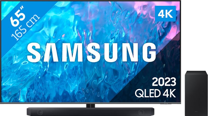 Foto van Samsung qled 65q74c (2023) + soundbar