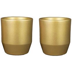 Foto van Set van 2x plantenpot/bloempot keramiek glans goud - d27/h25 cm - plantenpotten