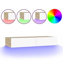 Foto van The living store tv-meubel - led-verlichting - 90 x 35 x 15.5 cm - wit en sonoma eiken - bewerkt hout