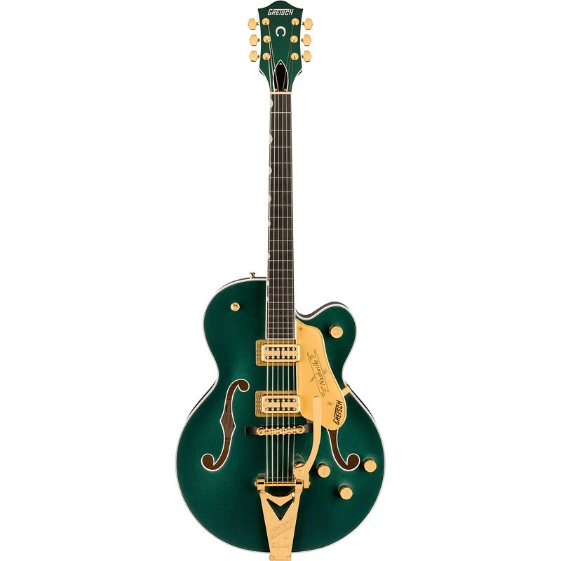 Foto van Gretsch professional collection nashville hollow body eb cadillac green met g6241 deluxe hardshell case