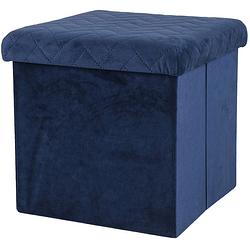 Foto van Urban living poef/hocker - opbergbox zit krukje - velvet donkerblauw - polyester/mdf - 38 x 38 cm - opvouwbaar - poefs