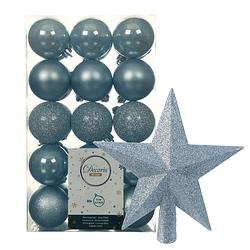 Foto van 30x stuks kunststof kerstballen 6 cm inclusief ster piek lichtblauw - kerstbal