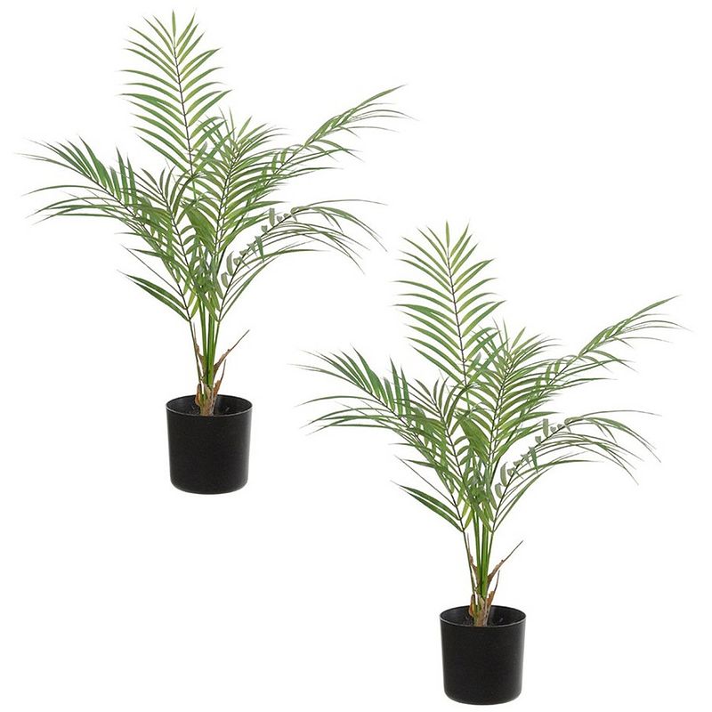 Foto van Set van 2x stuks groene areca palm dypsis lutescens kunstplanten in zwarte kunststof pot 60 cm - kunstplanten