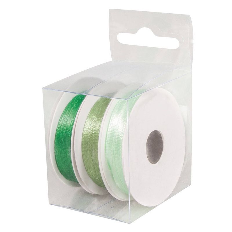 Foto van 3x rollen hobby/decoratie kleurenmix groen satijnen sierlint 3 mm x 6 meter - cadeaulinten