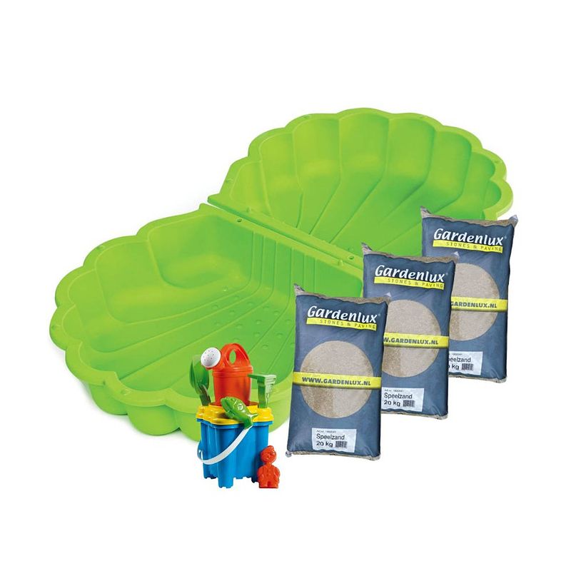 Foto van Paradiso toys zandbak - schelpenset groen - inclusief emmerset en 60kg zand