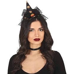 Foto van Halloween heksenhoed - mini hoedje op diadeem - one size - zwart/oranje - meisjes/dames - verkleedhoofddeksels