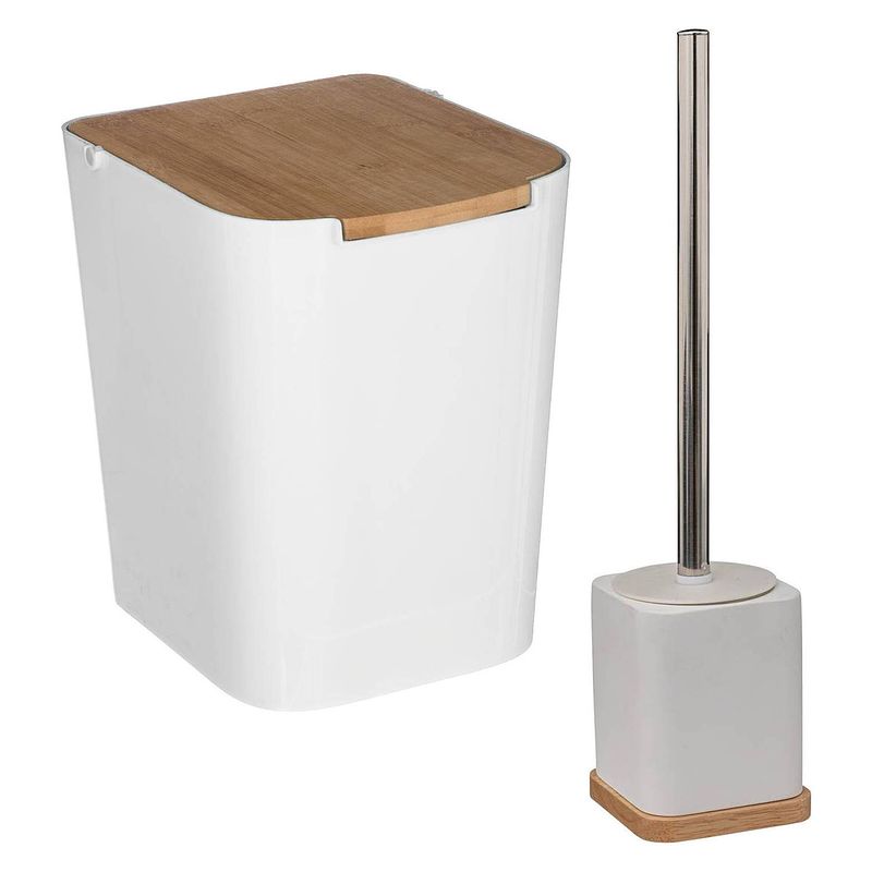 Foto van Badkamer/toilet accessoires set - wc-borstel in houder en prullenbak - wit - bamboe - 5 liter - badkameraccessoireset