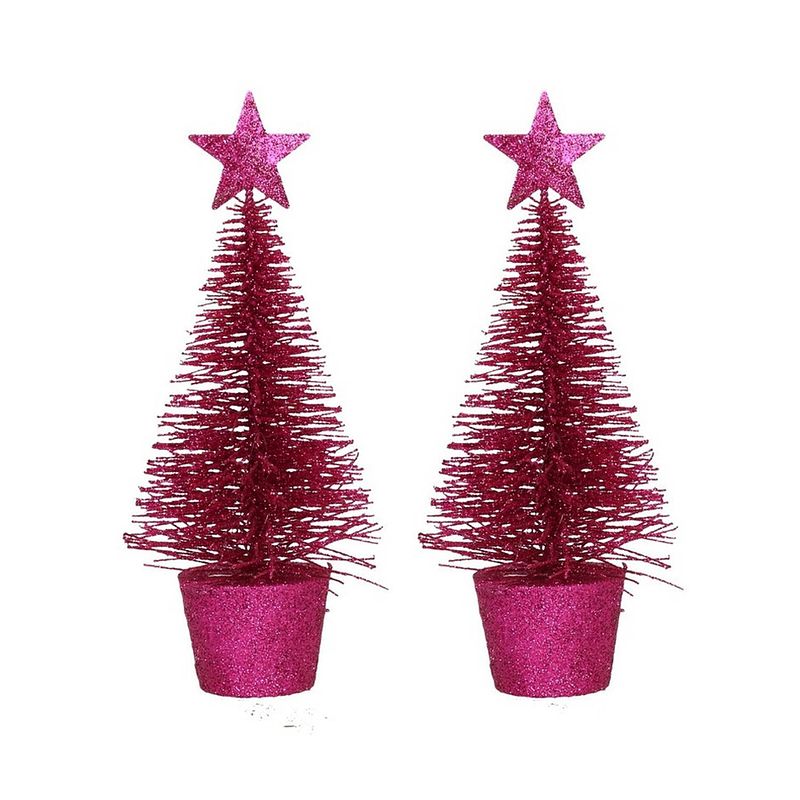 Foto van Set van 2x stuks glitter mini kerstboompjes fuchsia roze - kunstkerstboom