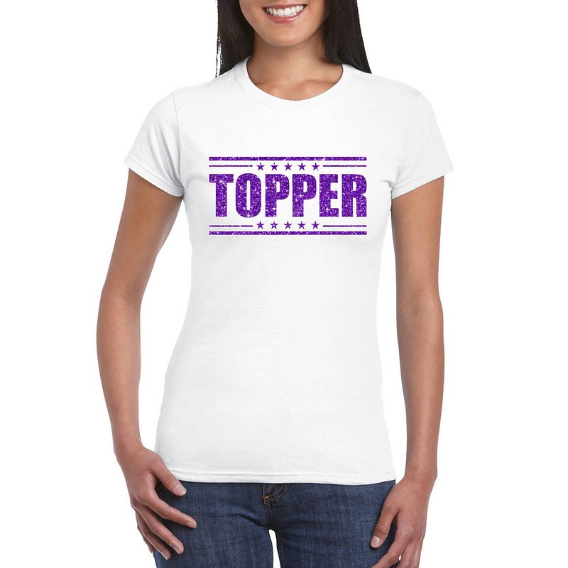 Foto van Toppers topper t-shirt wit met paarse glitters dames xs - feestshirts