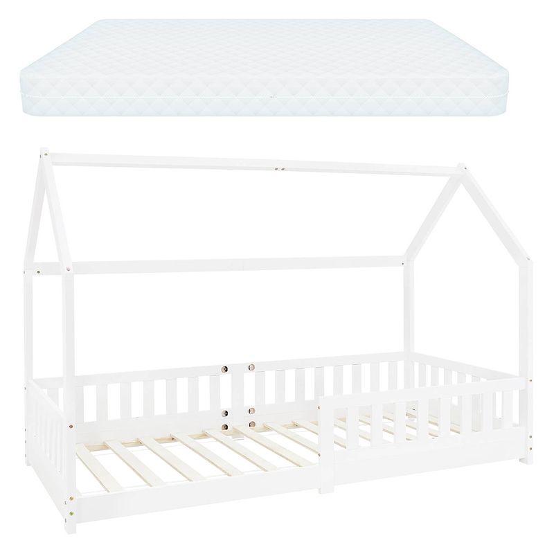 Foto van Kinderbed met uitvalbeveiliging lattenbodem en dak 200x90 cm wit grenen hout ml-design