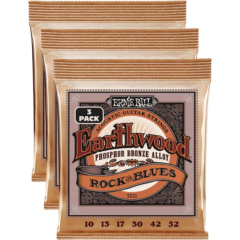 Foto van Ernie ball 3551 earthwood rock 'n blues phosphor bronze 10-52 snaren voor westerngitaar (3 sets)