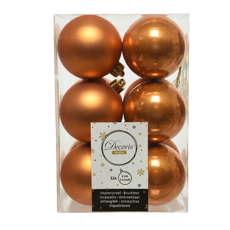 Foto van 12x stuks kunststof kerstballen cognac bruin (amber) 6 cm glans/mat - kerstbal