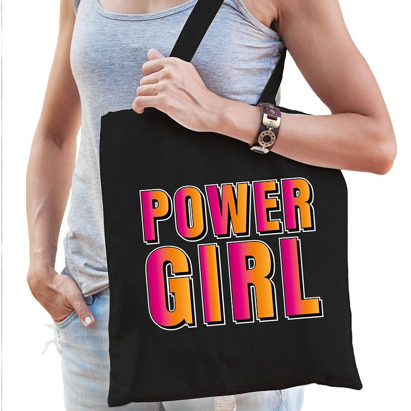 Foto van Powergirl fun tekst / kado tas zwart voor dames - feest boodschappentassen