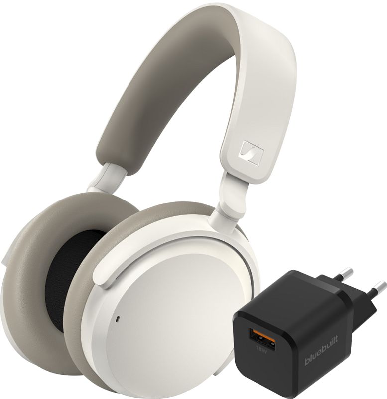 Foto van Sennheiser accentum wireless wit+ bluebuilt quick charge oplader met usb a poort 18w zwart