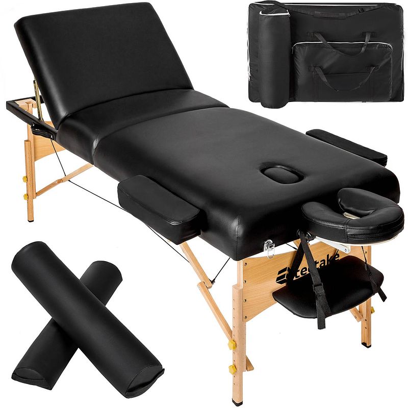 Foto van Tectake® - 3 zones massagetafel somwang 7,5cm matras en houten frame, incl. rolkussens - zwart - 404944