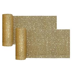 Foto van Kerst thema tafelloper op rol - 2x - goud glitter - smal 18 x 500 cm - polyester - tafellakens