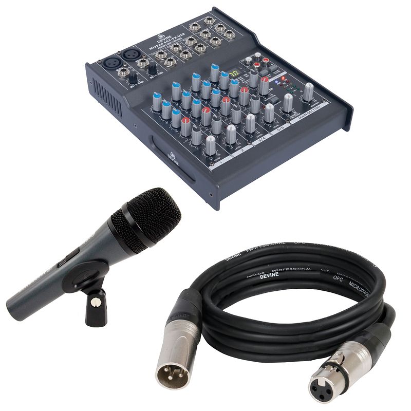 Foto van Sennheiser e 845s met mixer en kabel