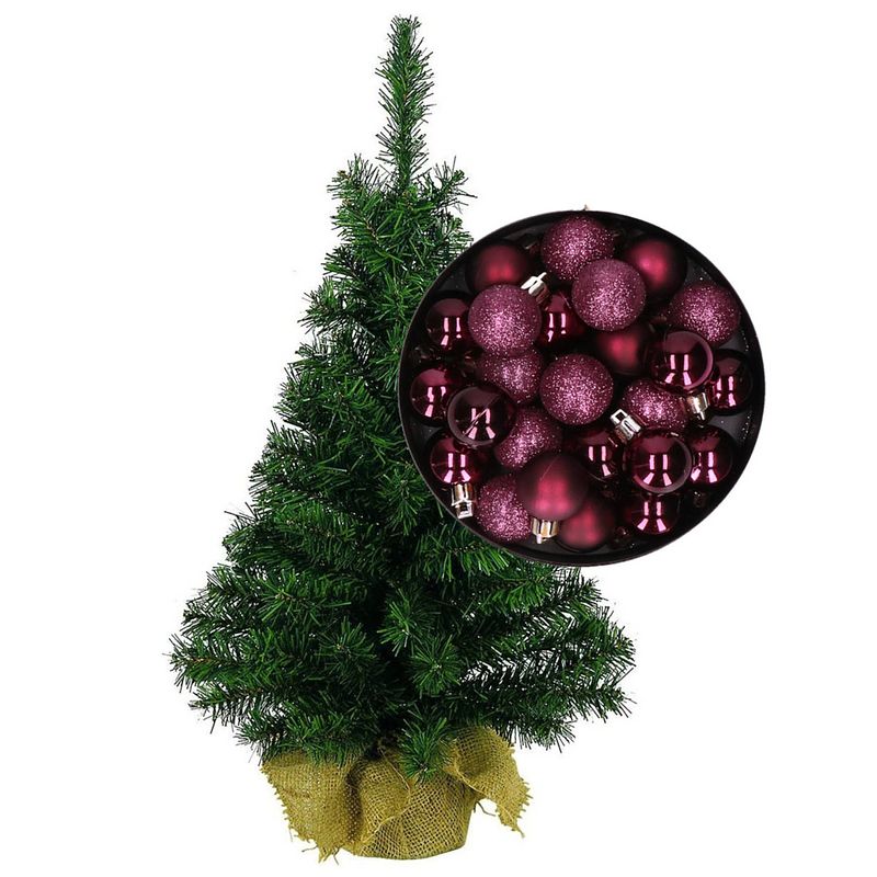 Foto van Mini kerstboom/kunst kerstboom h45 cm inclusief kerstballen aubergine paars - kunstkerstboom