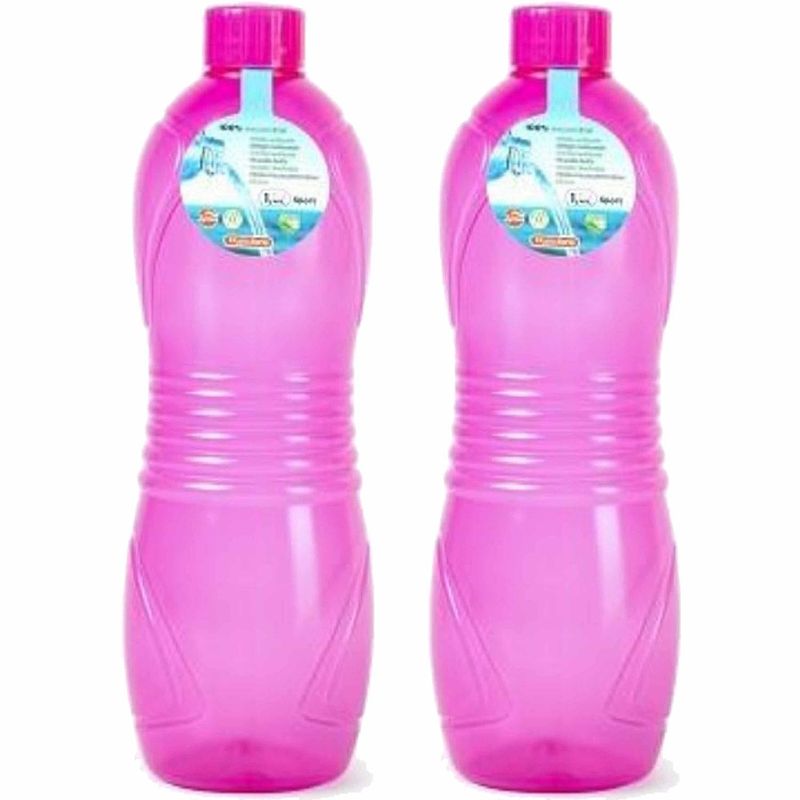 Foto van Plasticforte drinkfles/waterfles/bidon - 2x - 1000 ml - transparant/roze - kunststof - drinkflessen