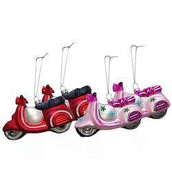 Foto van Iko kersthangers scooters - 4x st - roze en rood - 11,5 cm - glas - kersthangers