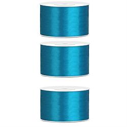 Foto van 3x hobby/decoratie turquoise satijnen sierlinten 3,8 cm/38 mm x 25 meter - cadeaulinten