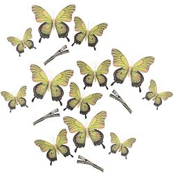 Foto van 12x stuks decoratie vlinders op clip - geel - 3 formaten - 12/16/20 cm - hobbydecoratieobject