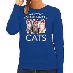 Foto van Blauwe kersttrui / kerstkleding all i want for christmas is cats voor dames xl - kerst truien