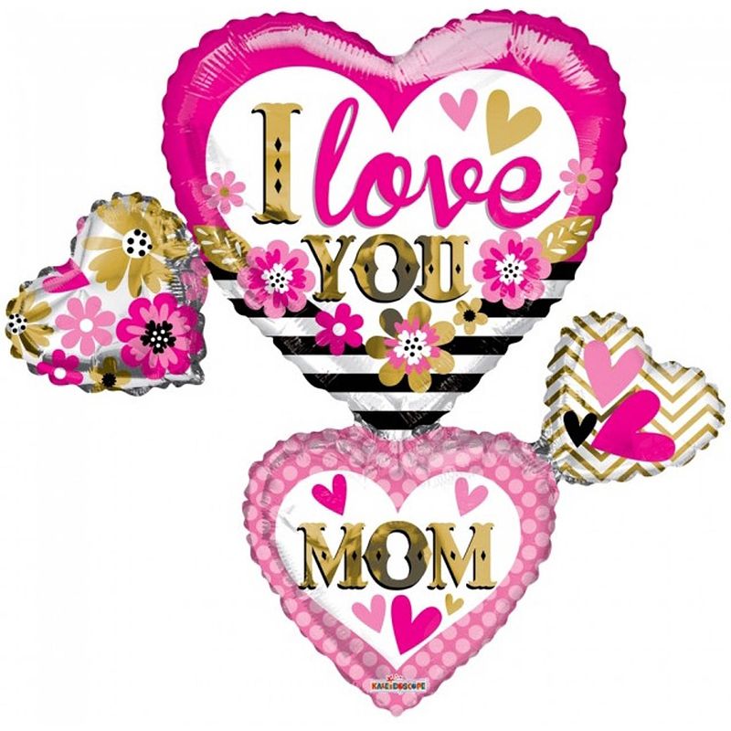 Foto van Kaleidoscope folieballon i love you mom many hearts 91 cm roze/goud