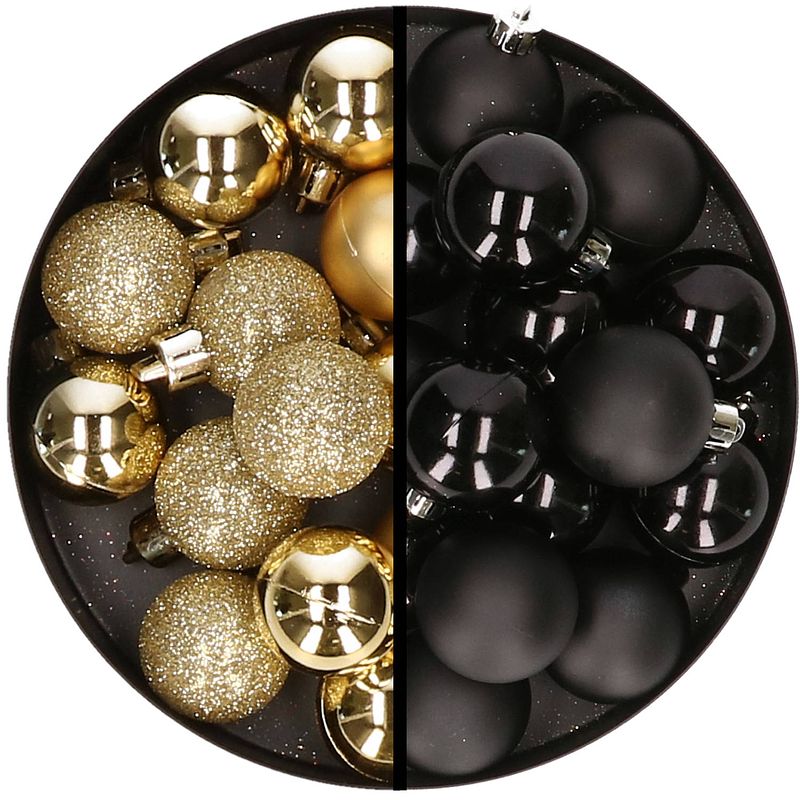 Foto van 36x stuks kunststof kerstballen goud en zwart 3 en 4 cm - kerstbal