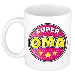 Foto van Bellatio decorations verjaardag cadeau mok super oma - button - roze - 300 ml - keramiek - oma/oma dag - feest mokken