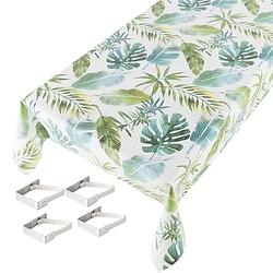 Foto van Wit/groene tafelkleden/tafelzeilen botanische print 140 x 245 cm rechthoekig met 4x tafelkleedklemmen - tafelzeilen
