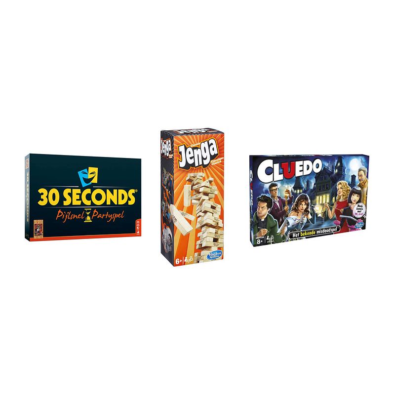 Foto van Spellenbundel - bordspellen - 3 stuks - 30 seconds & jenga & cluedo