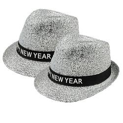 Foto van 2x stuks happy new year thema glitters verkleed hoedje zilver - verkleedhoofddeksels
