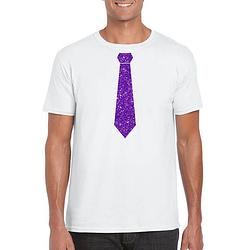 Foto van Toppers wit fun t-shirt stropdas met paarse glitters heren s - feestshirts