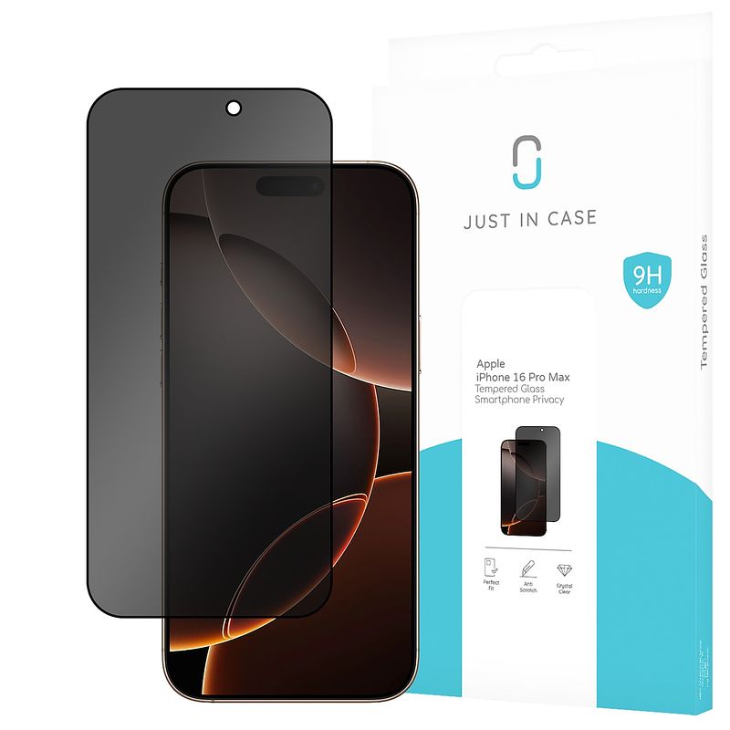 Foto van Just in case privacy tempered glass voor apple iphone 16 pro max smartphone screenprotector