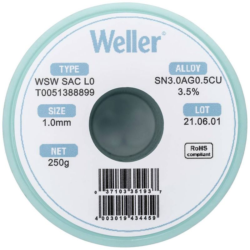 Foto van Weller wsw sac l0 soldeertin, loodvrij spoel sn3,0ag0,5cu 250 g 1 mm