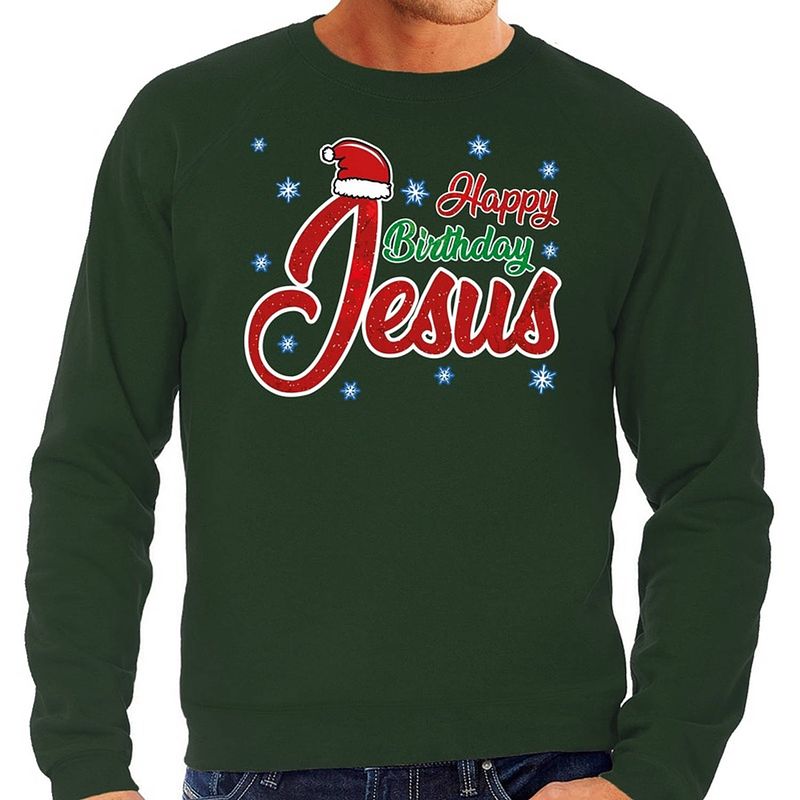 Foto van Foute kerstborrel trui / kersttrui happy birthday jesus / jezus groen voor heren 2xl (56) - kerst truien