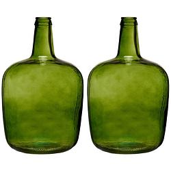 Foto van Bloemenvazen 2x stuks - flessen model - glas - groen transparant - 22 x 39 cm - vazen