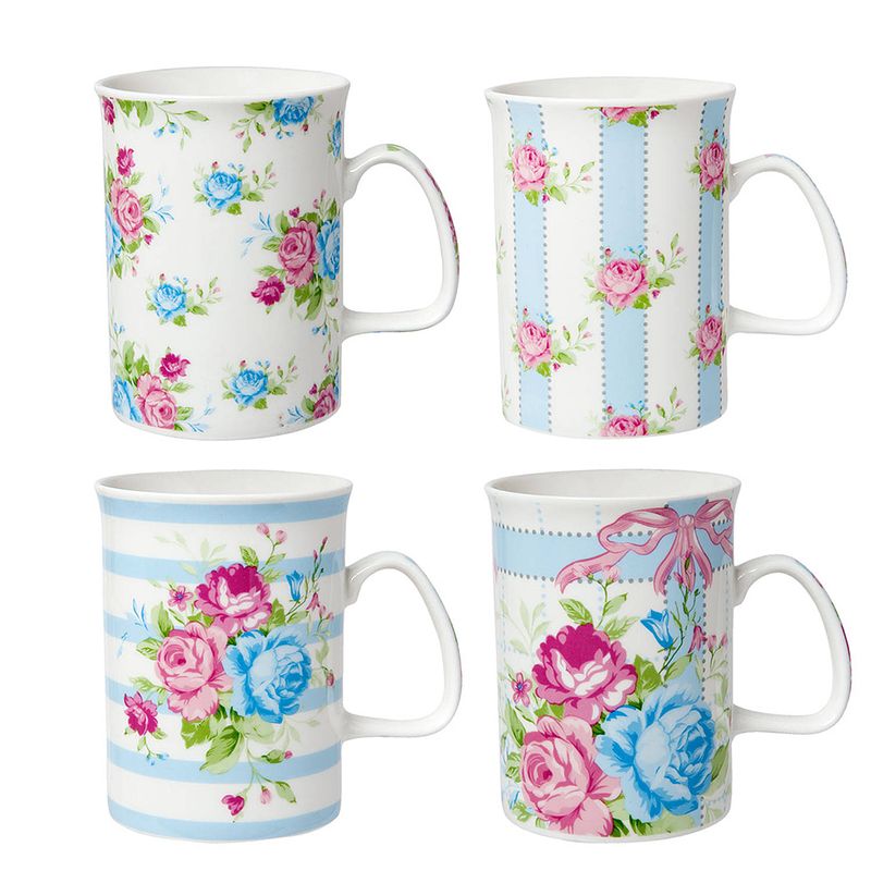 Foto van Haes deco - mokken set van 4 - 12x8x11 cm / 300 ml ( set 4 ) - assorti met bloemen - mok