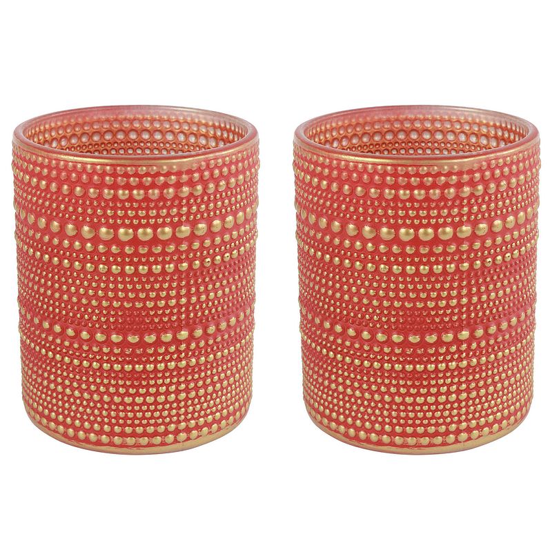 Foto van 2x stuks luxe theelichthouder/kaarsenhouder - rood/goud - glas - d7 x h8 cm - windlichten