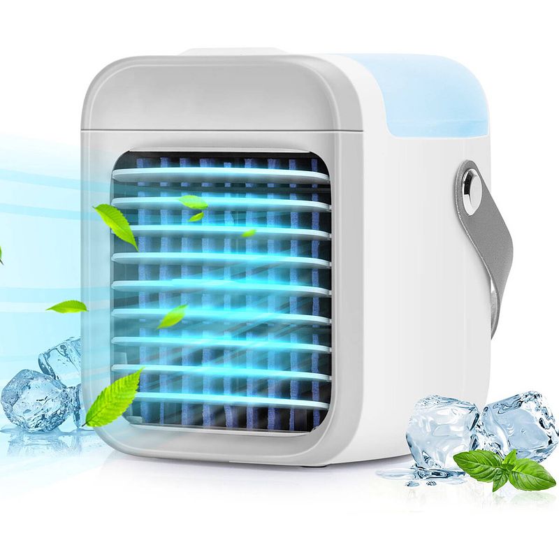 Foto van Mini aircooler met led verlichting - aigi cuby - mistventilator - mini tafelventilator - luchtkoeler - usb oplaadbaar -