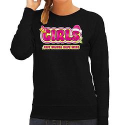 Foto van Bellatio decorations foute kersttrui/sweater voor dames - girls just wanna have wine - zwart/roze s - kerst truien