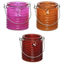 Foto van Set van 3x stuks citronella anti muggen kaarsen windlicht roze, oranje en rood 20 branduren - geurkaarsen