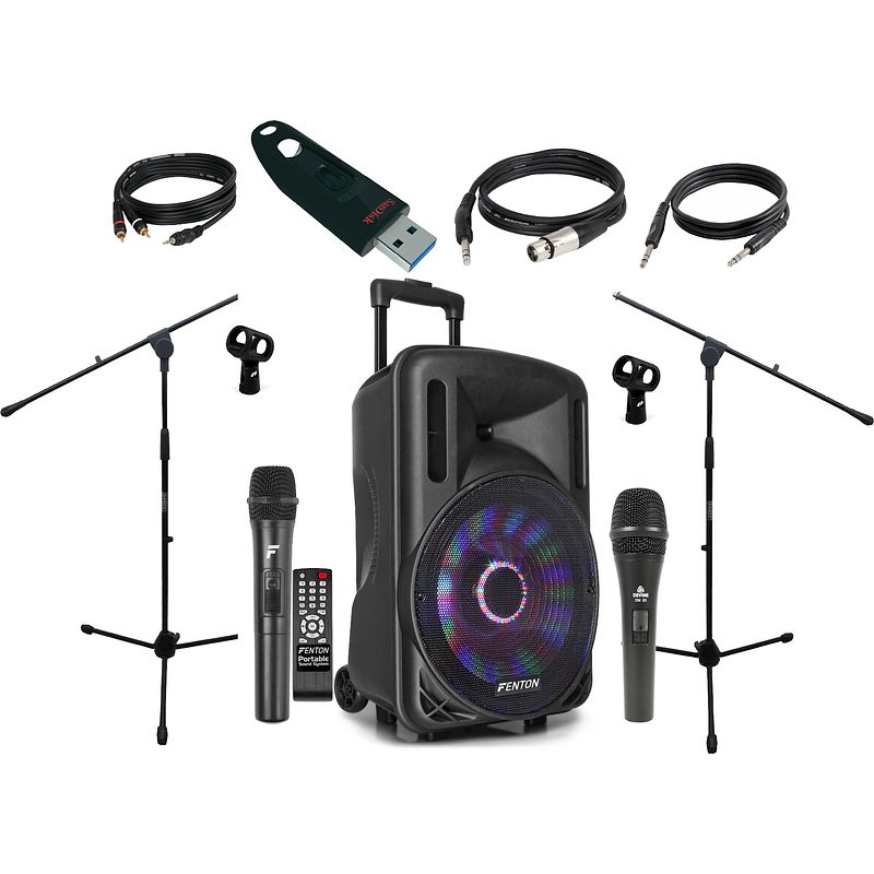 Foto van Fenton ft12led + extra mic, 2 statieven met clips, kabels en usb-stick