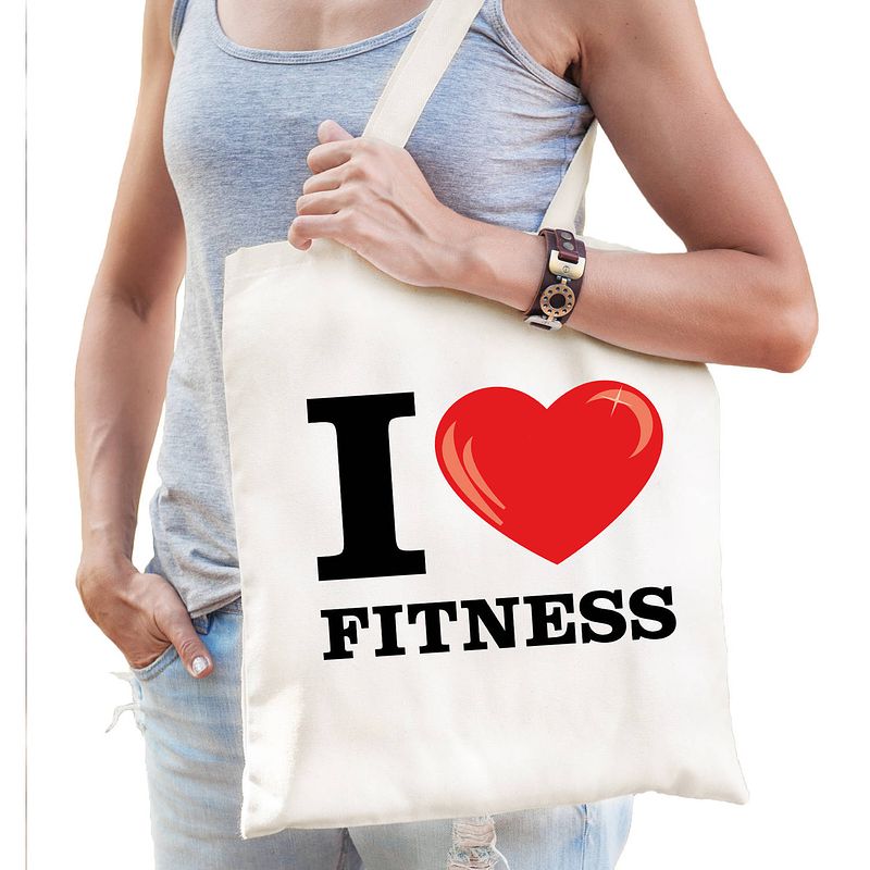 Foto van Katoenen tasje i love fitness wit voor dames en heren - feest boodschappentassen